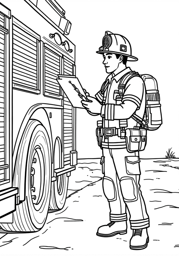 Firefighters checking equipment on fire truck coloring page