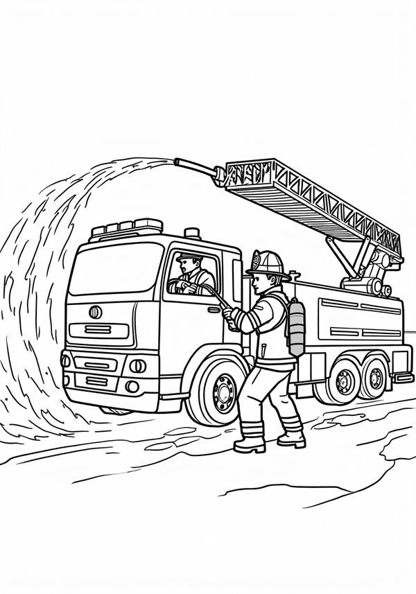 Firefighters spraying water from a fire truck coloring page