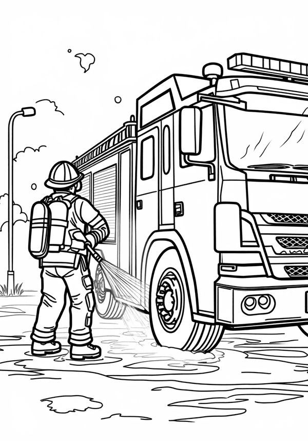 Firefighters washing their fire truck coloring page