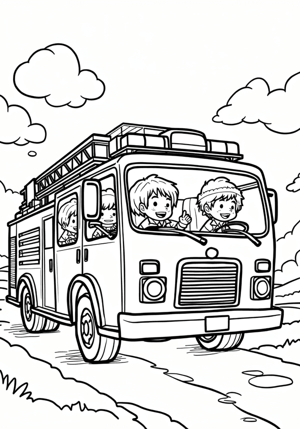 Little kids visiting a fire truck for a tour coloring page