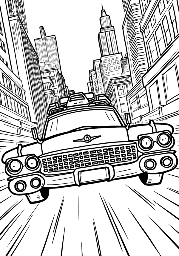 Ecto-1 racing through New York streets coloring page