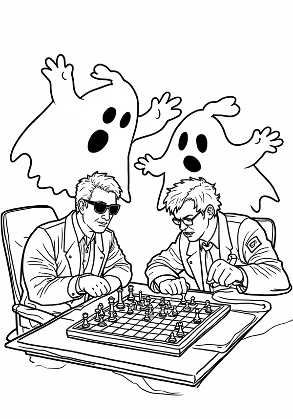 Egon and Venkman playing chess with ghosts coloring page