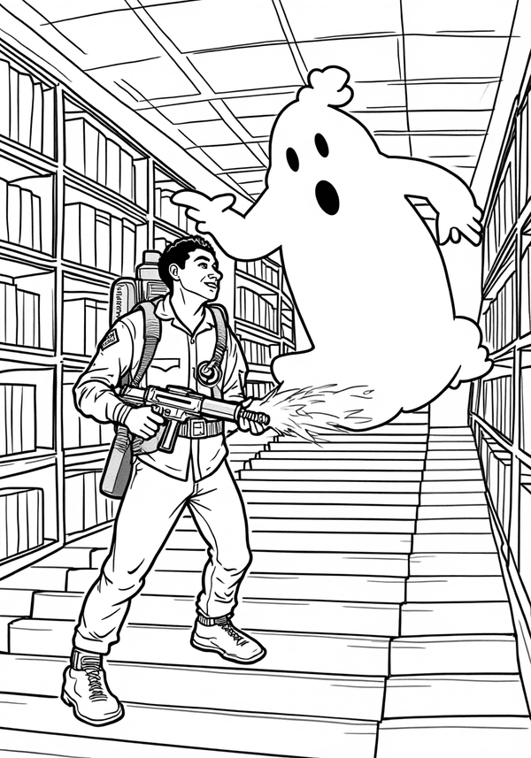 Ghostbusters capturing a library ghost coloring page