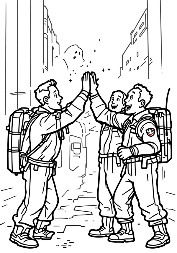 Ghostbusters high-fiving after a successful capture coloring page