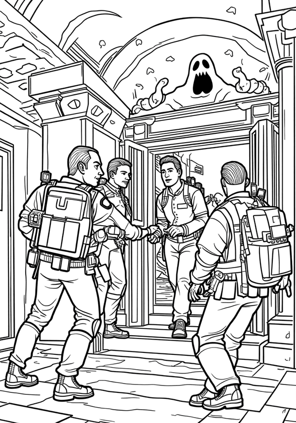 Ghostbusters investigating a haunted museum coloring page