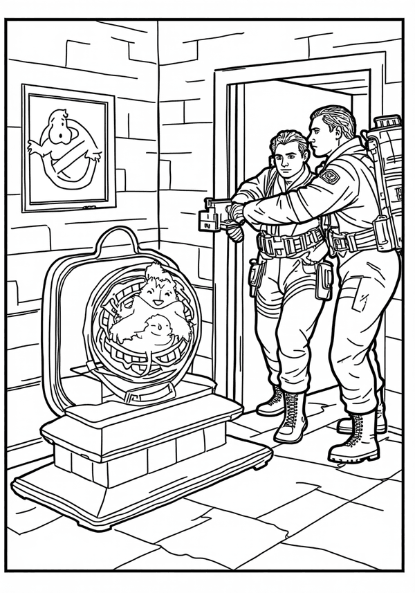 Ghostbusters setting a ghost trap in the basement coloring page