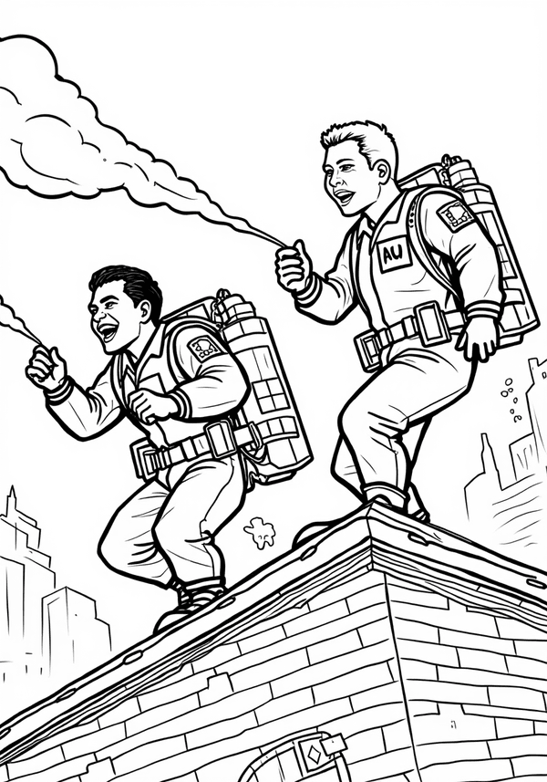 Ghostbusters using proton packs on rooftop coloring page