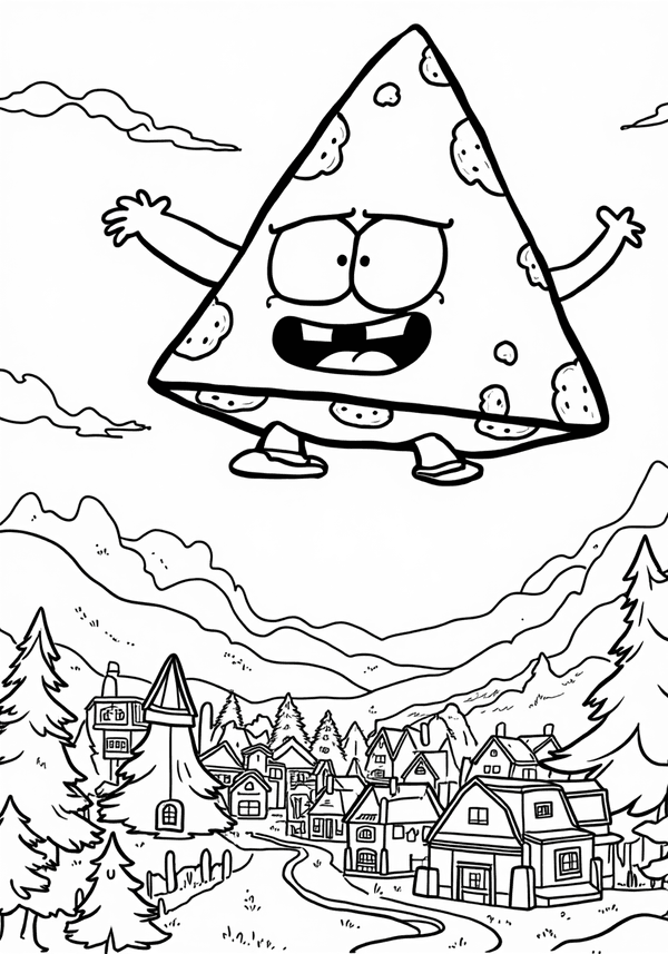 Bill Cipher floating over Gravity Falls coloring page