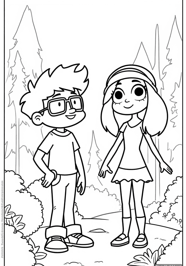 Dipper and Wendy exploring the woods coloring page