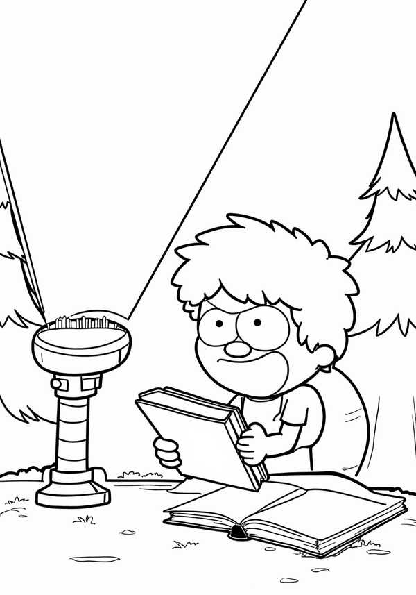 Dipper reading the Journal by flashlight coloring page