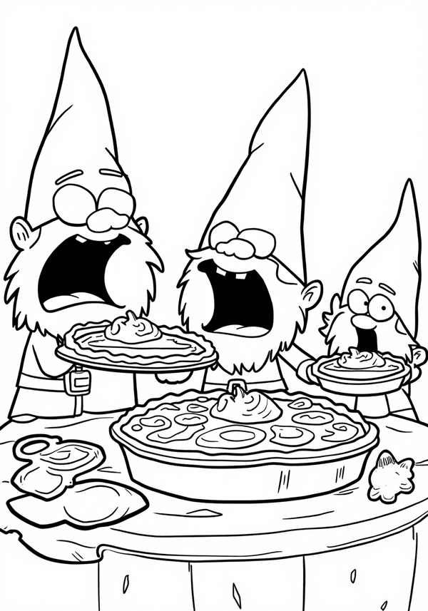 Gnomes having a pie-eating contest coloring page