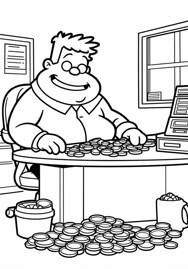Grunkle Stan counting gold in his office coloring page