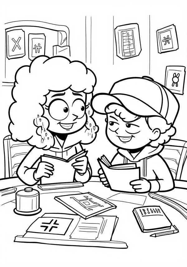 Mabel and Dipper solving cipher puzzles coloring page