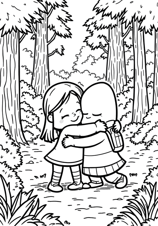 Mabel hugging Waddles in the forest coloring page