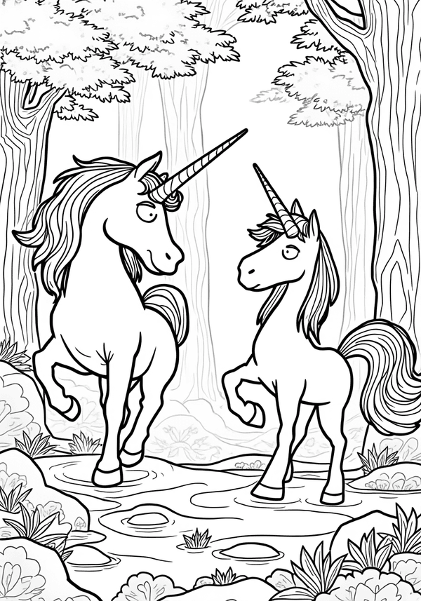 Unicorns dancing in the Gravity Falls forest coloring page
