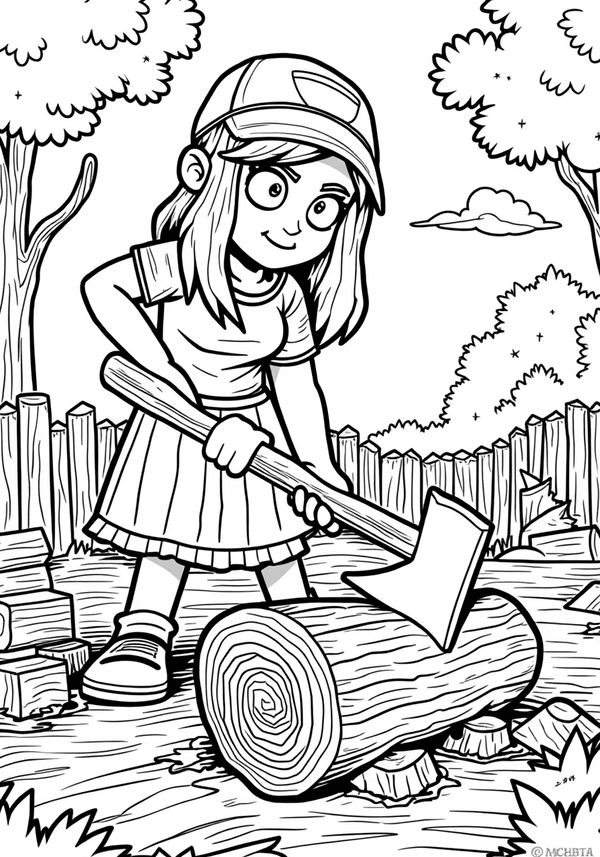 Wendy chopping wood in the backyard coloring page