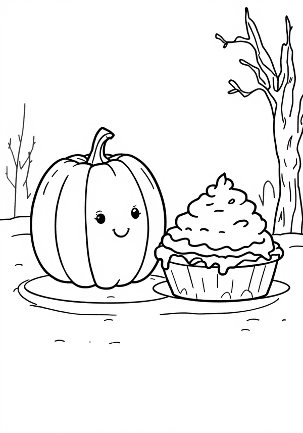 Pumpkin pie having a chat with mashed potatoes coloring page