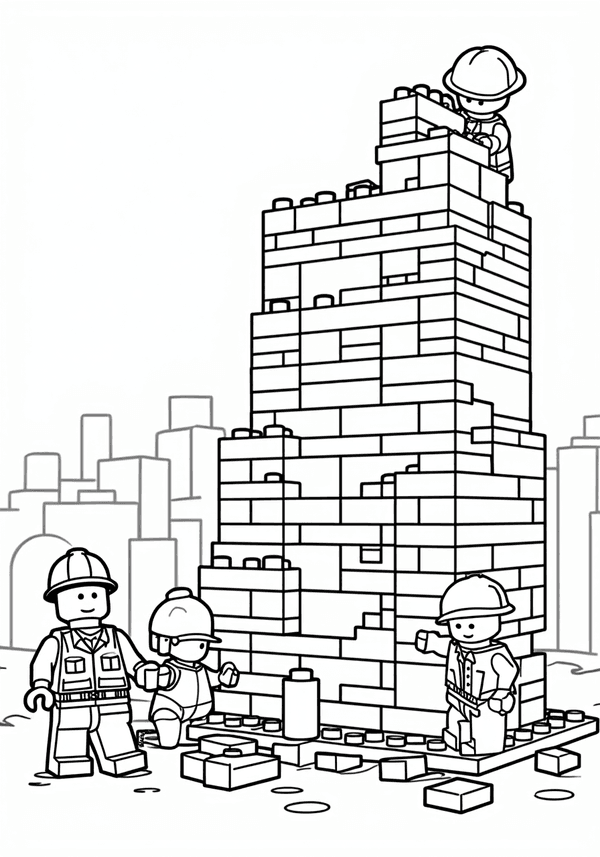 Lego construction crew building a skyscraper coloring page