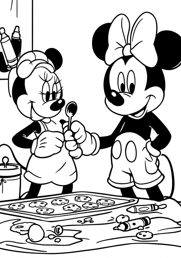 Mickey Mouse baking cookies with Minnie coloring page