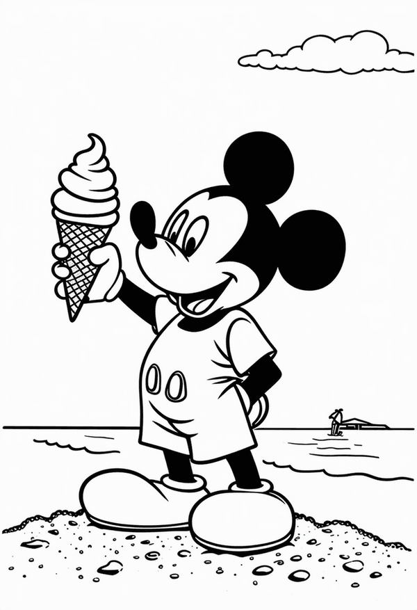 Mickey Mouse eating ice cream on an island coloring page