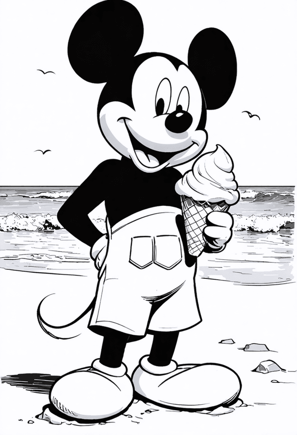 Mickey Mouse enjoying ice cream by the sea coloring page