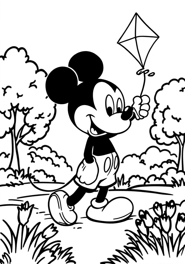 Mickey Mouse flying a kite in the park coloring page