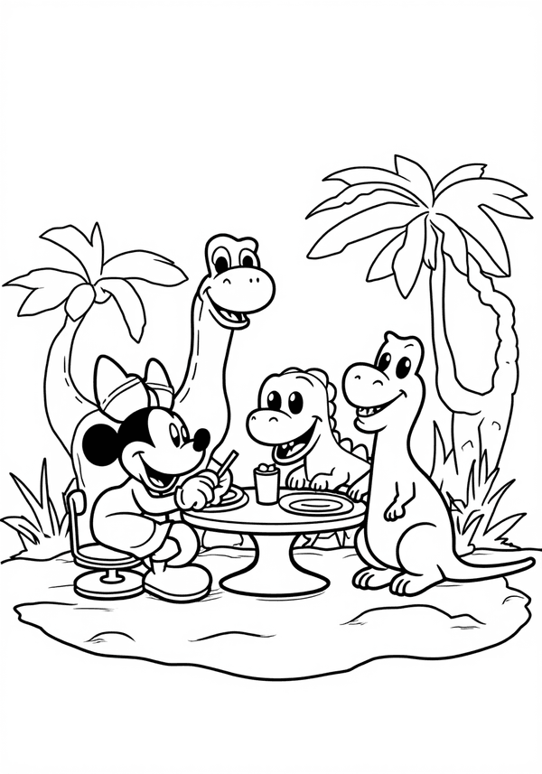Mickey Mouse having a tea party with dinosaurs coloring page