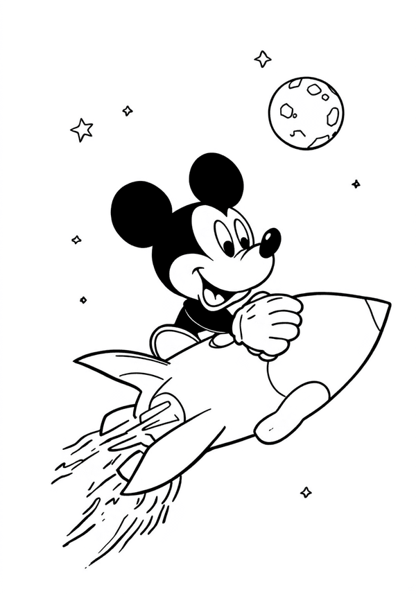 Mickey Mouse in space riding a rocket coloring page