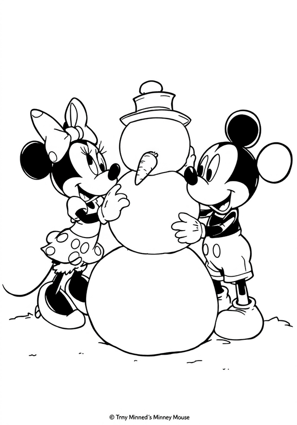 Minnie Mouse building a snowman with Mickey coloring page