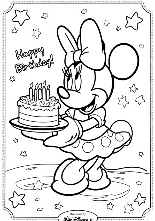 Minnie Mouse decorating a birthday cake coloring page