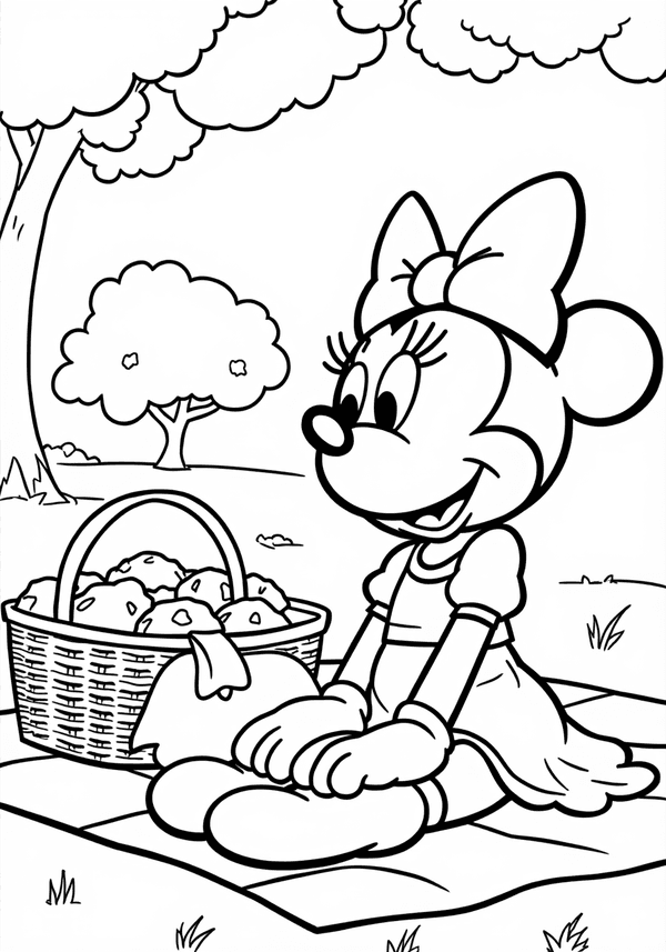Minnie Mouse enjoying a picnic in the park coloring page