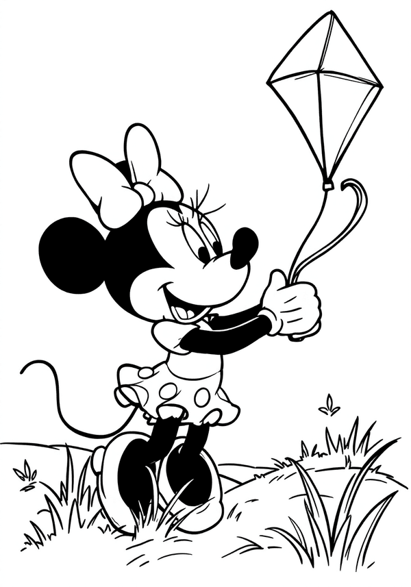 Minnie Mouse flying a kite on a windy day coloring page