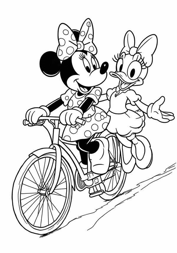 Minnie Mouse riding a bicycle with Daisy coloring page