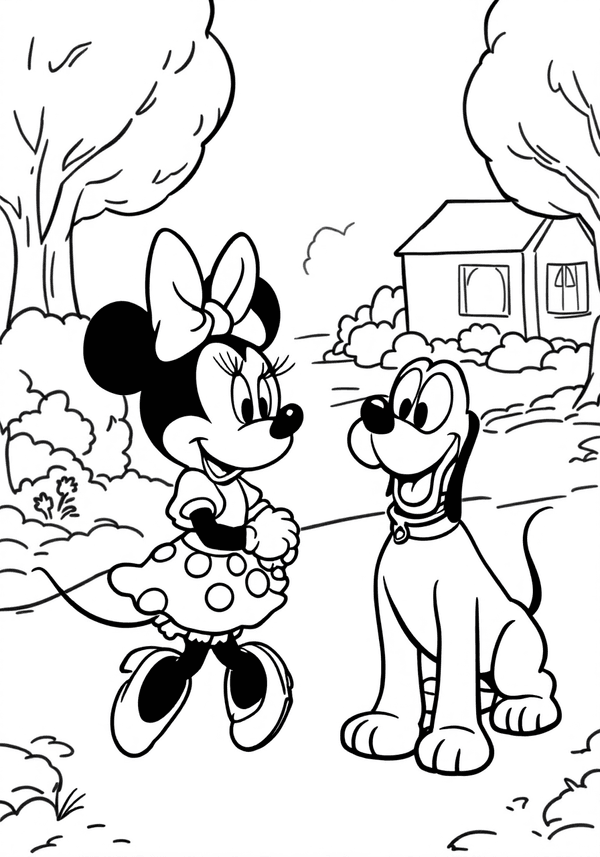 Minnie Mouse walking Pluto in the neighborhood coloring page