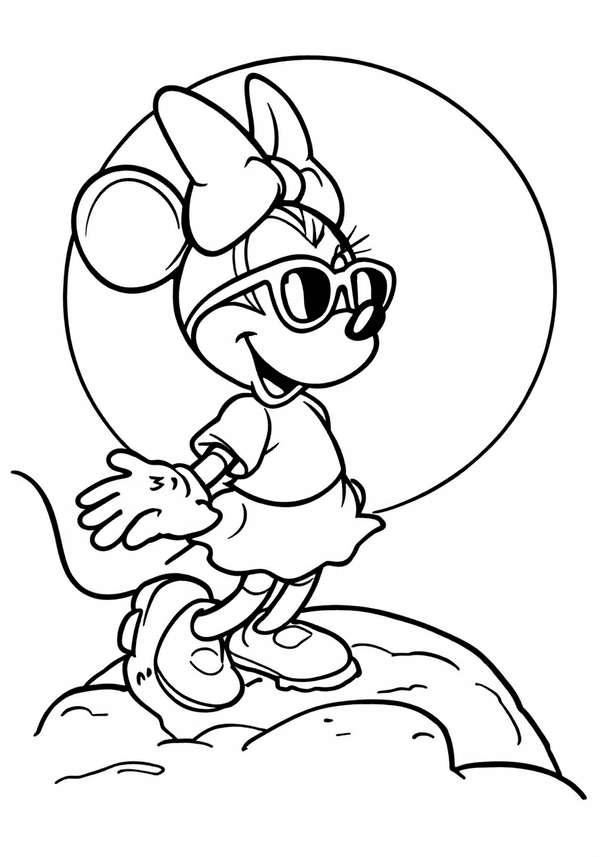 Minnie Mouse wearing sunglasses on the moon coloring page