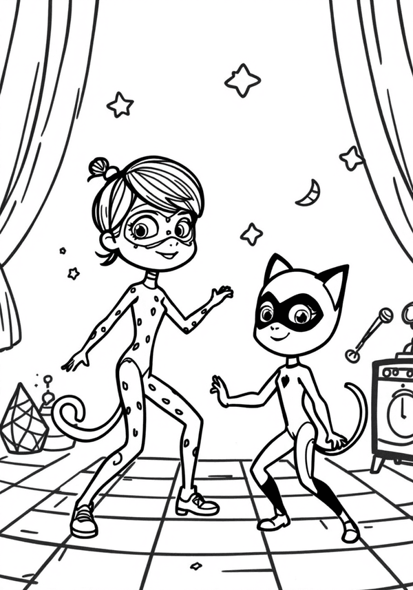 Ladybug and Cat Noir hosting a dance party coloring page