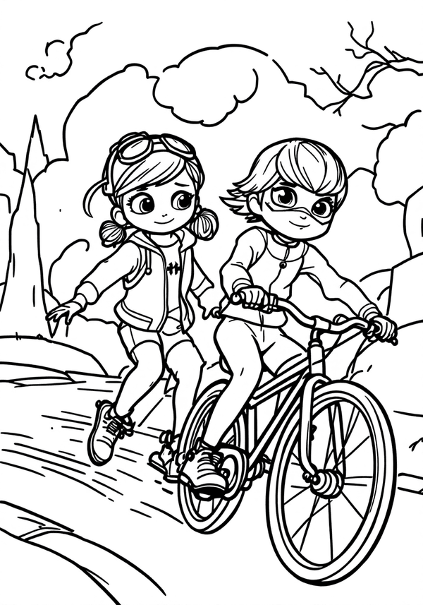 Ladybug and Cat Noir riding bicycles coloring page