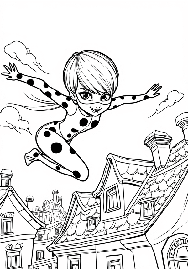 Ladybug leaping across rooftops coloring page