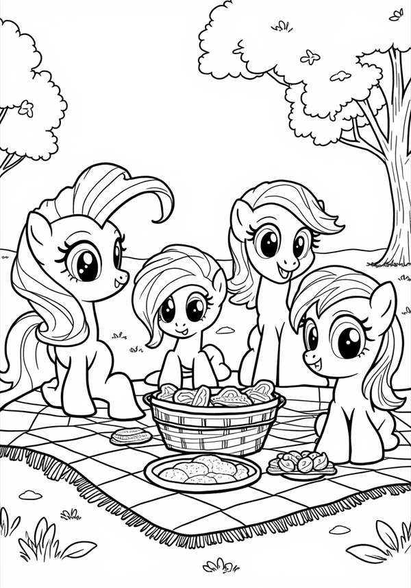 Ponies having a picnic in Ponyville coloring page