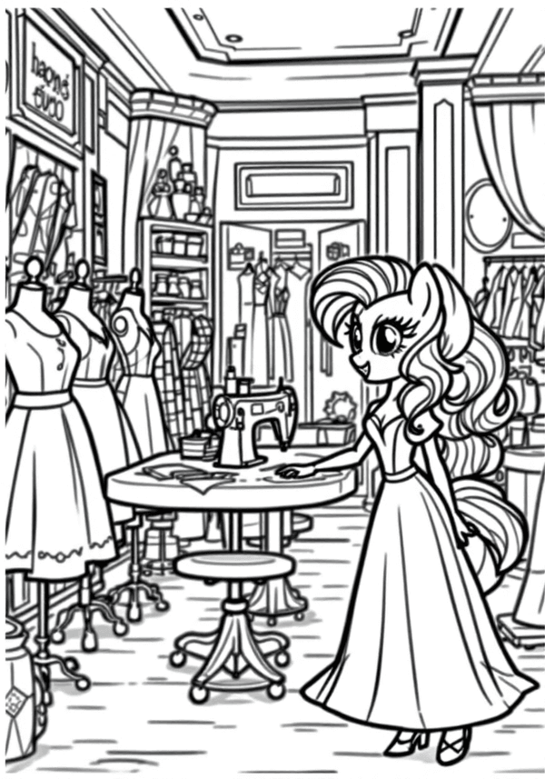 Rarity designing dresses in her boutique coloring page