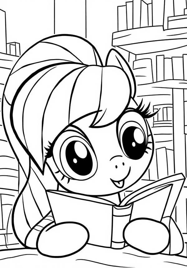 Twilight Sparkle reading in the library coloring page