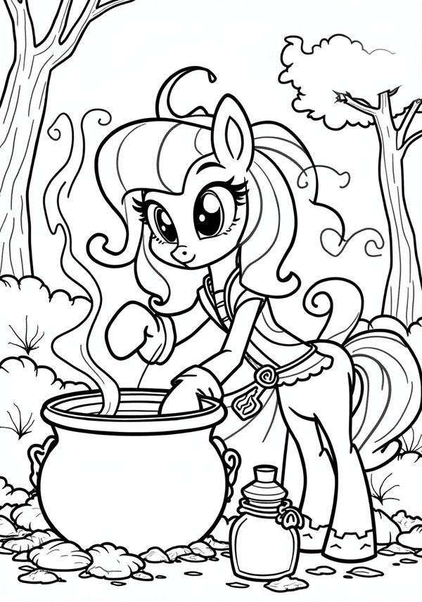 Zecora brewing potions in the forest coloring page
