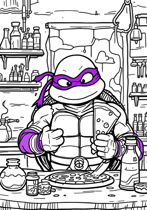 Donatello inventing a pizza-flavored toothpaste coloring page