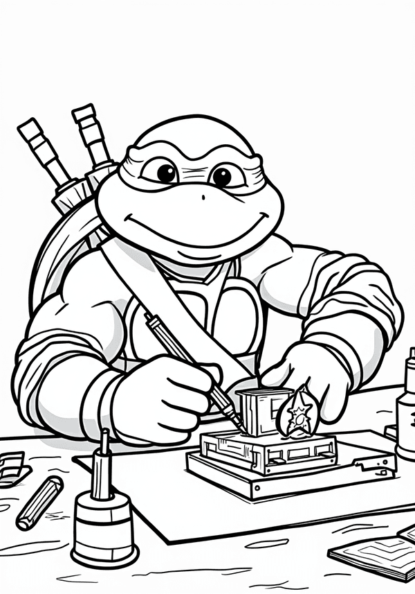 Donatello inventing gadgets in the lab coloring page