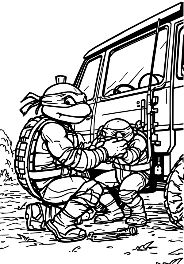 Donatello repairing the Battle Van coloring page
