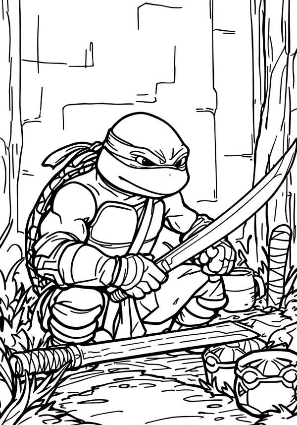 Leonardo sharpening katanas before battle coloring page