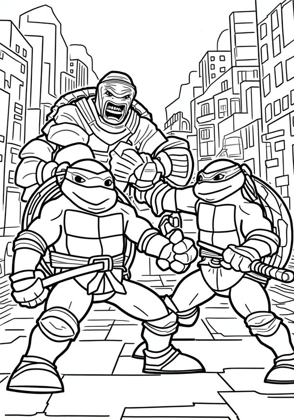 Ninja Turtles fighting Shredder in the city coloring page