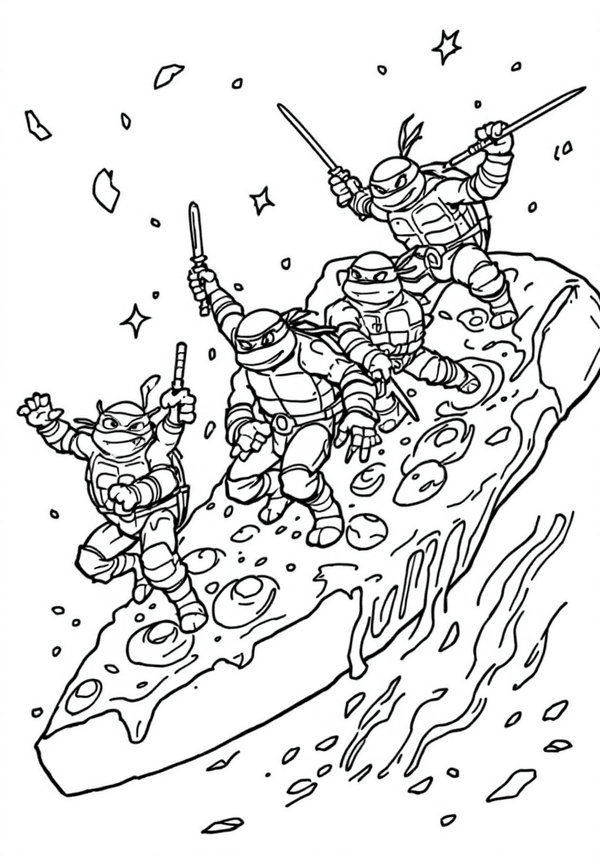Ninja Turtles riding a giant pizza slice coloring page