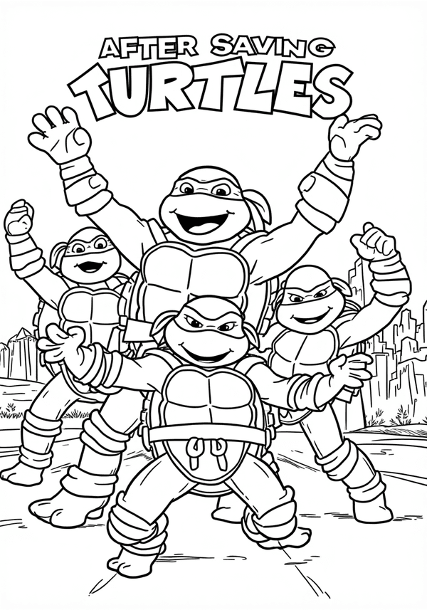 Ninja Turtles celebrating after saving the day coloring page