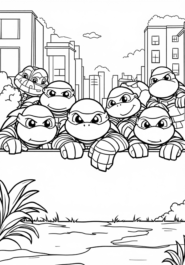 Ninja Turtles hiding from Krang's robot minions coloring page